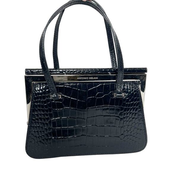 ANTONIO MELANI Croc Embossed Mini Tote Purse Shoulder Bag Handbag Black Leather - Picture 1 of 9